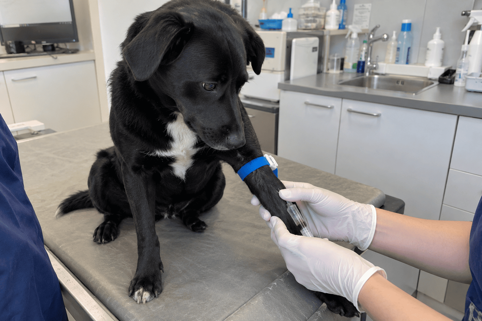 Veterinár odoberá psovi krv na diagnostické vyšetrenie